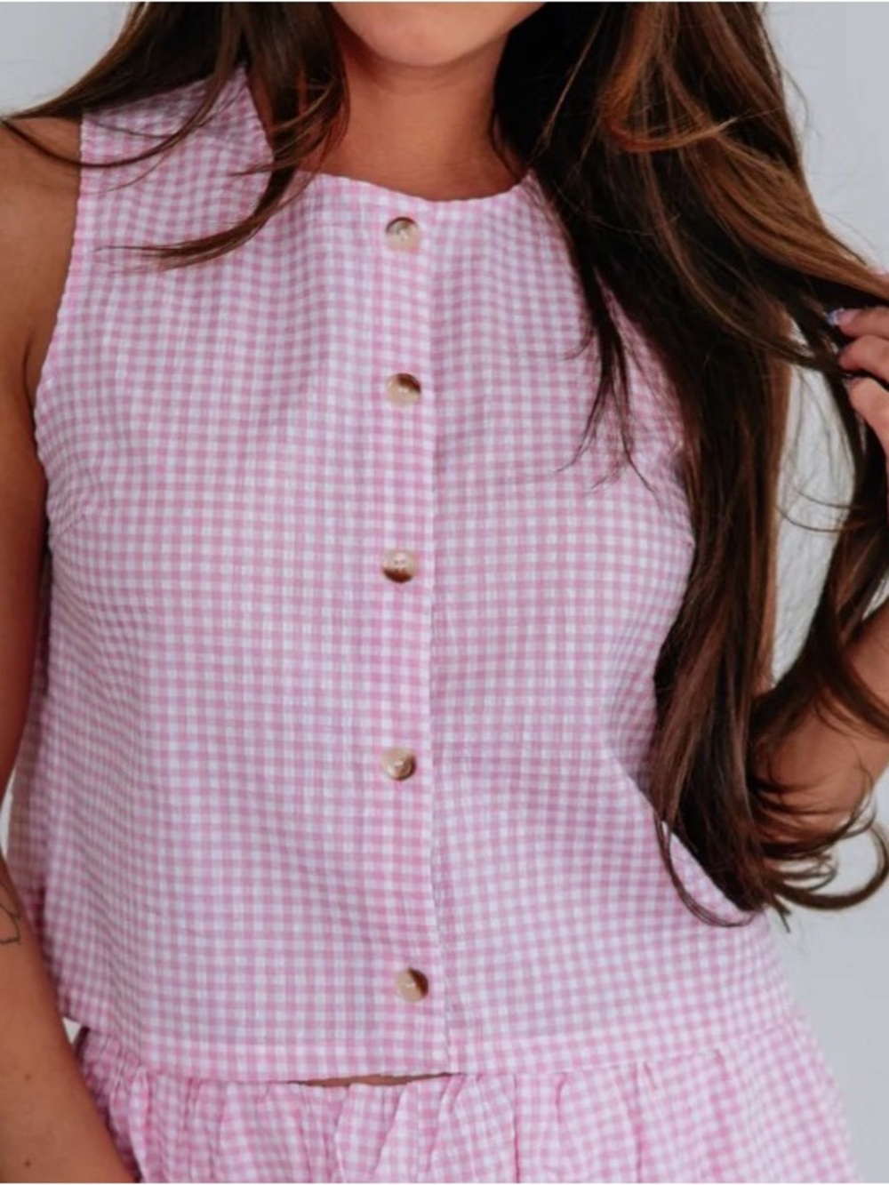 Sleeveless Pink Gingham Button-Front Top Blouse